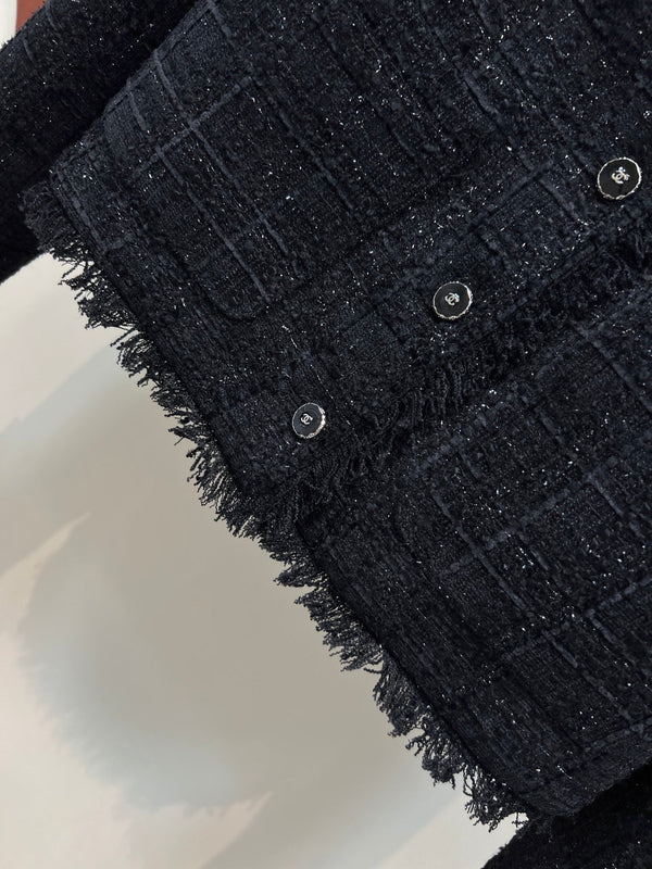 CC 25 Tweed Short Fringed Black Jacket 304699