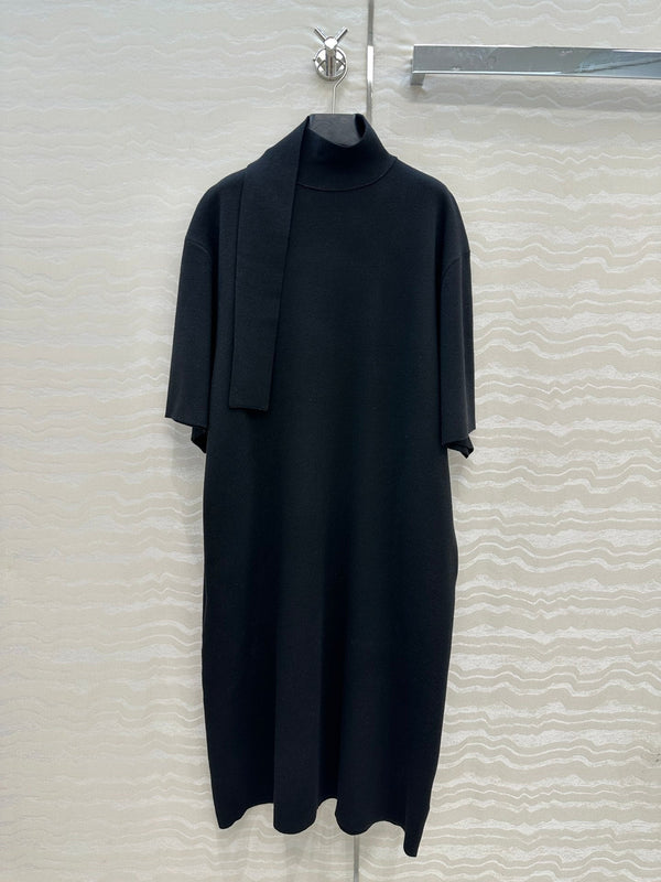 The Row High-End Wool Short-Sleeved Dress With a Ribbon Scarf Black Wool 304588