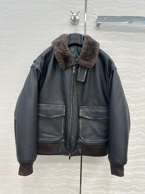 The Row Teddy Lamb Fur Collar Cowhide Down Jacket Black and Brown 304583