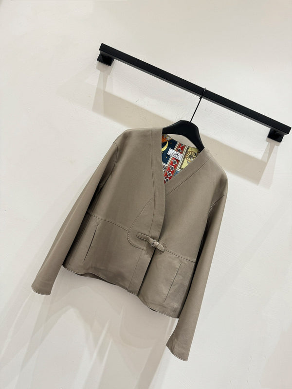 HM Leather Button V-Neck Blazer Beige Lambskin 303971