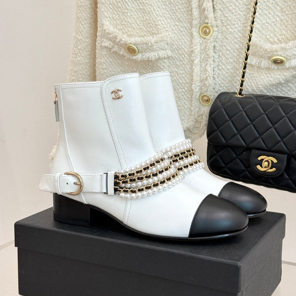 CC Classic Pearl Chain Colorblock Block Heel Ankle Boots White Lambskin 473318