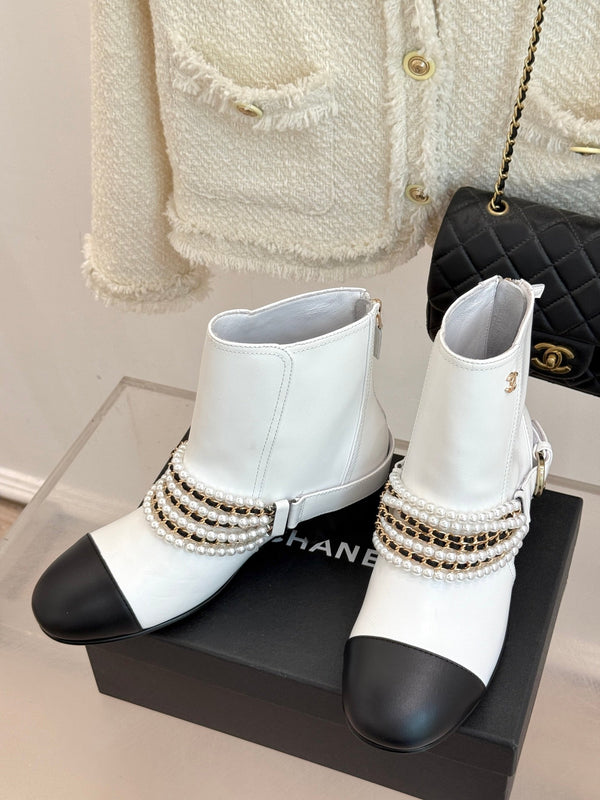 CC Classic Pearl Chain Colorblock Block Heel Ankle Boots White Lambskin 473318