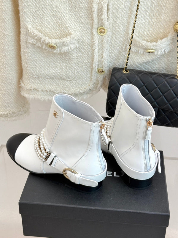 CC Classic Pearl Chain Colorblock Block Heel Ankle Boots White Lambskin 473318