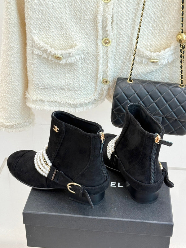 CC Classic Pearl Chain Colorblock Block Heel Ankle Boots Black Suede 473317