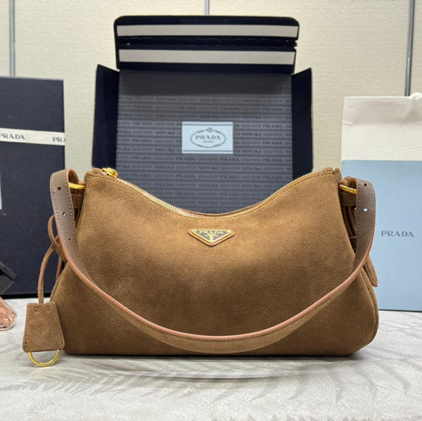 Pra 1BC229 Aimee Underarm Hobo Bag 31cm Brown Suede 267539