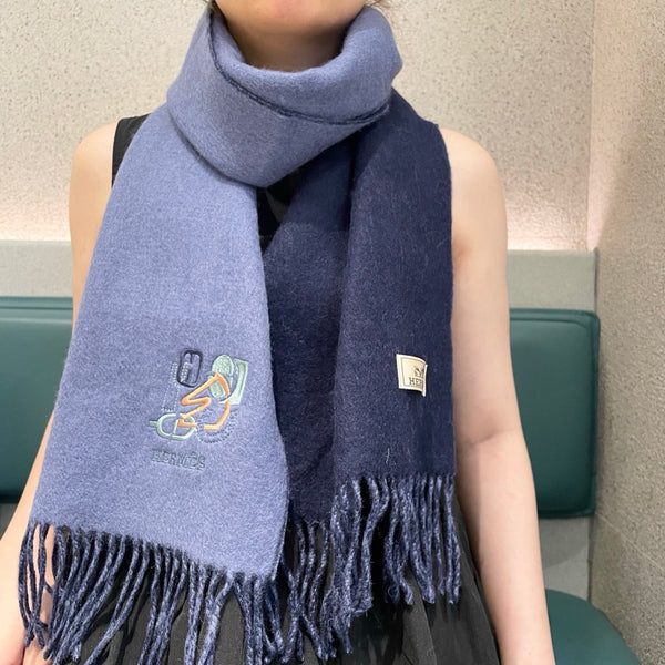 HM 25 Double- Sided Small H Puzzle Scarf 180cm Cashmere Marble Blue Navy Blue 825643