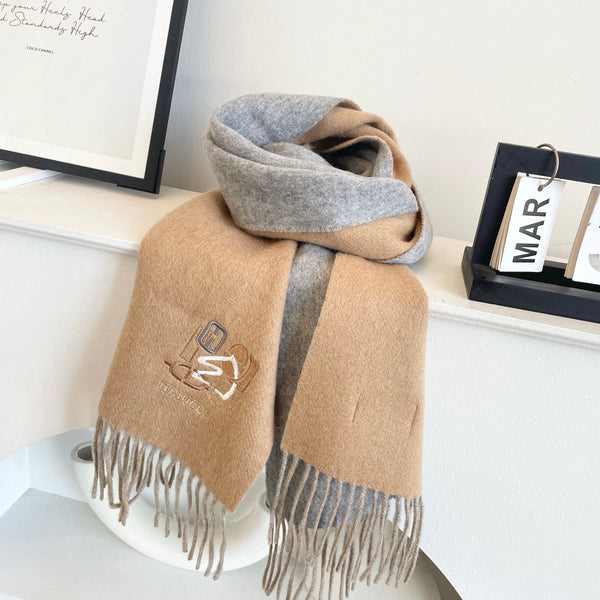 HM 25 Double- Sided Small H Puzzle Scarf 180cm Cashmere Camel Gray 825642