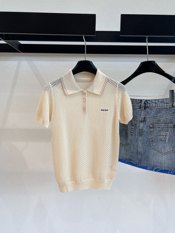 Miumiu Short-Sleeve Knitted Wool Cream Polo Shirt