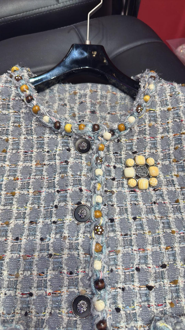 CC 25 Sleeveless Vest with Wooden Bead Trim Gray Tweed