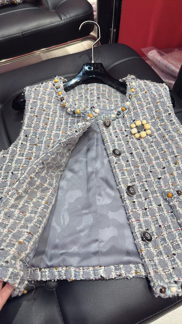 CC 25 Sleeveless Vest with Wooden Bead Trim Gray Tweed