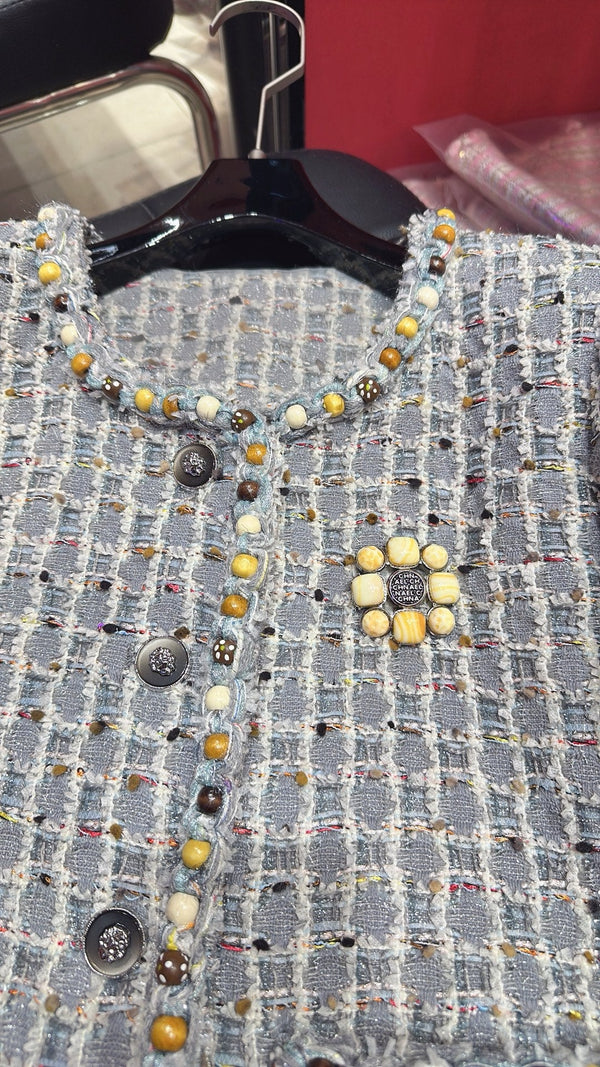 CC 25 Long Sleeves Jacket with Wooden Bead Trim Gray Tweed