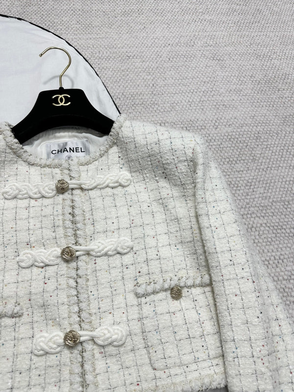 CC 25A Beaded Plaid Crop Tweed Jacket
