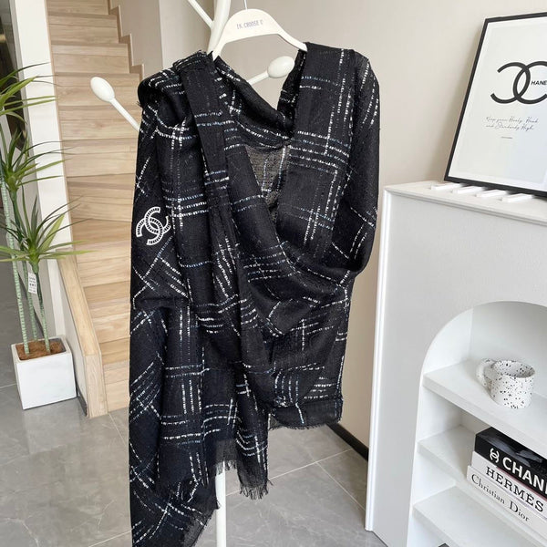 CC Plaid Long Scarf 200cm Black Cashmere 828750