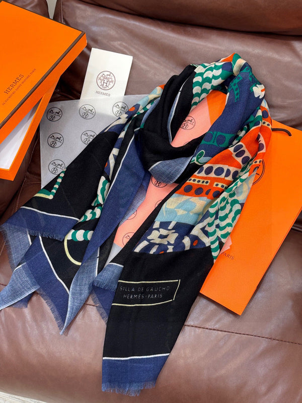 HM Saddle Long Scarf 200cm Blue Cashmere 828663