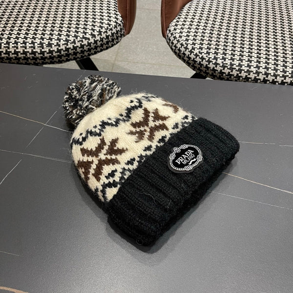 PRA 25 FAIR ISLE JACQUARD WOOL KNITTED BLACK HAT 822424