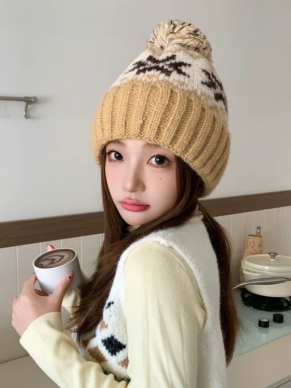 PRA 25 CAPPELLO IN LANA JACQUARD FAIR ISLE LAVORATO A MAGLIA MARRONE 822425