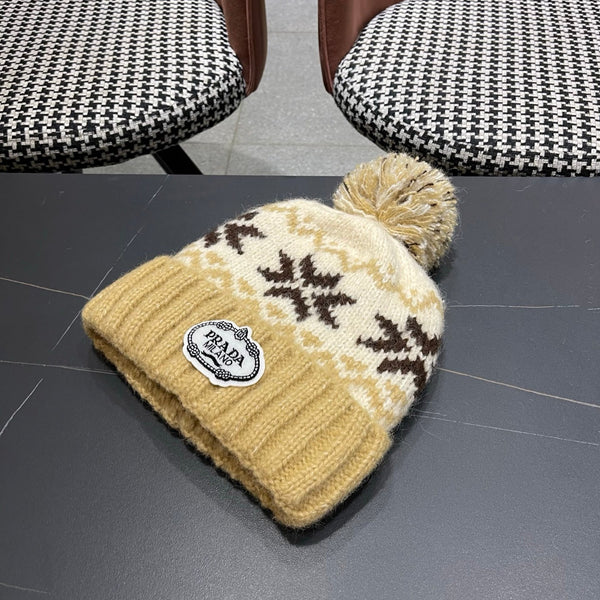 PRA 25 CAPPELLO IN LANA JACQUARD FAIR ISLE LAVORATO A MAGLIA MARRONE 822425