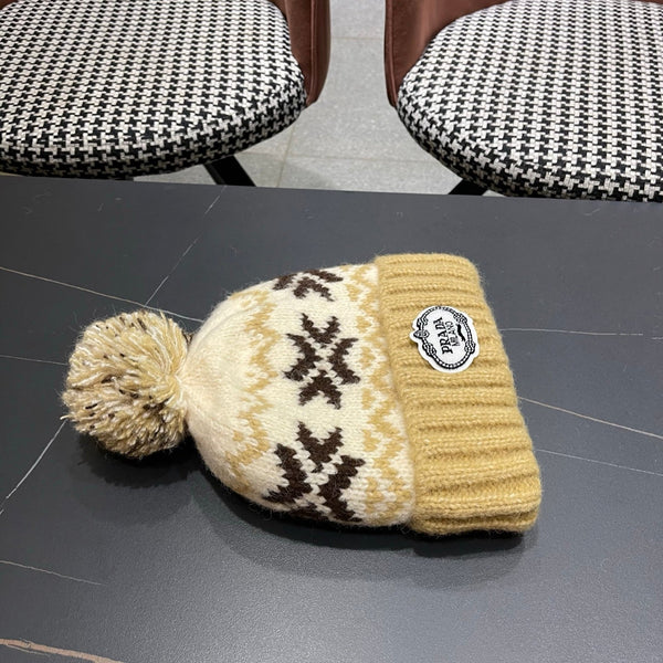 PRA 25 CAPPELLO IN LANA JACQUARD FAIR ISLE LAVORATO A MAGLIA MARRONE 822425
