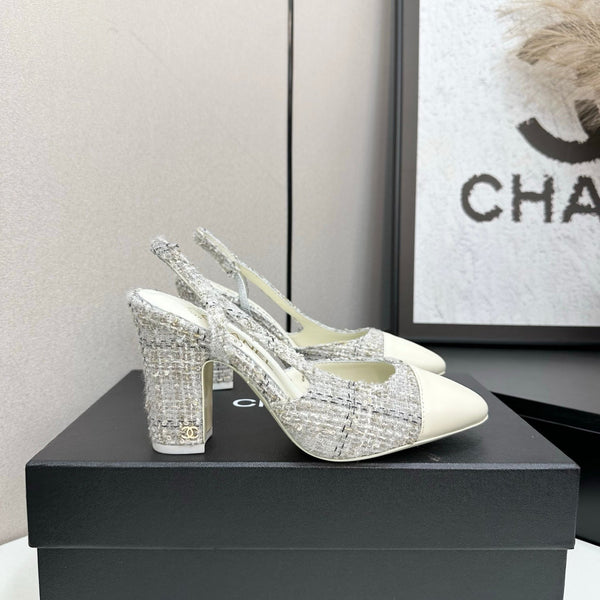 CC 25SS Classic Slingbacks 10cm High Heel White Tweed Cowhide 490183