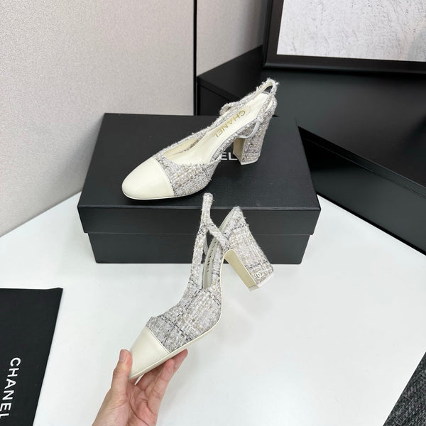 CC 25SS Classic Slingbacks 10cm High Heel White Tweed Cowhide 490183