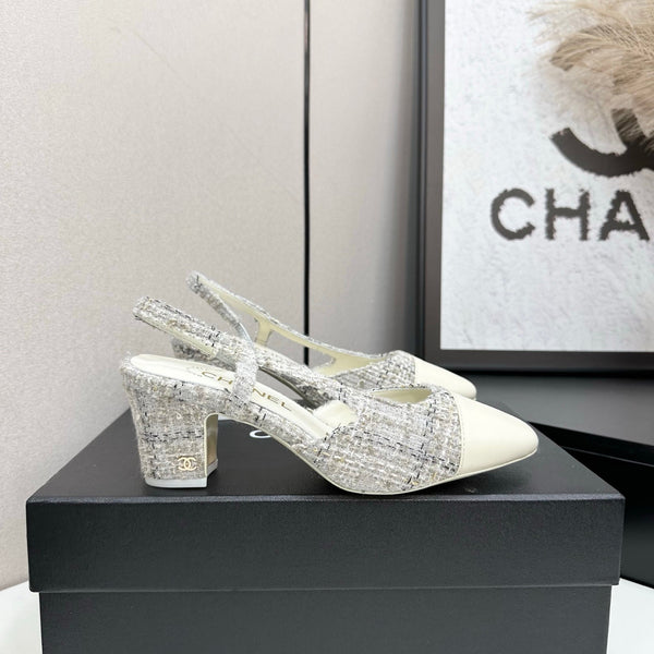 CC 25SS Classic Slingbacks 6cm High Heel White Tweed Cowhide 490182
