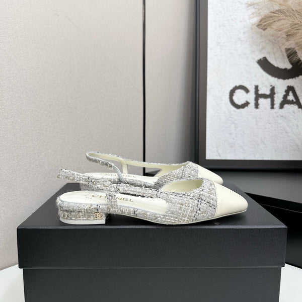 CC 25SS Classic Slingbacks Flats White Tweed Cowhide 490181
