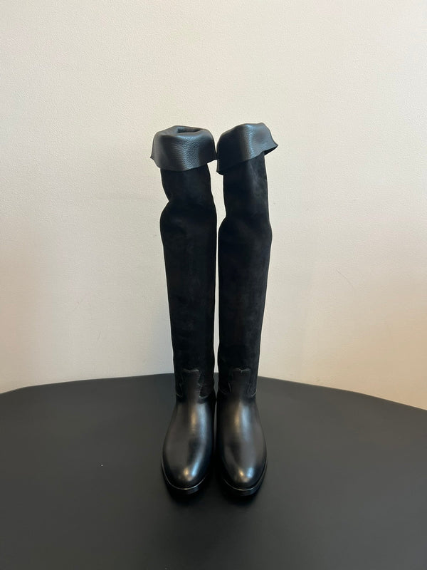CC 25FW Suede Colorblock Slip-On Cavalier Mid-Large Boots Black Calfskin 489935