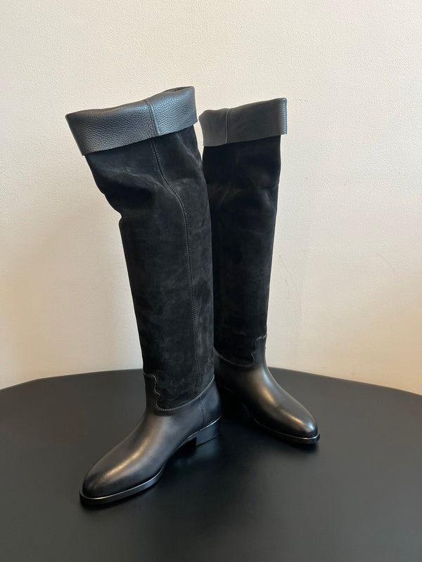 CC 25FW Suede Colorblock Slip-On Cavalier Mid-Large Boots Black Calfskin 489935