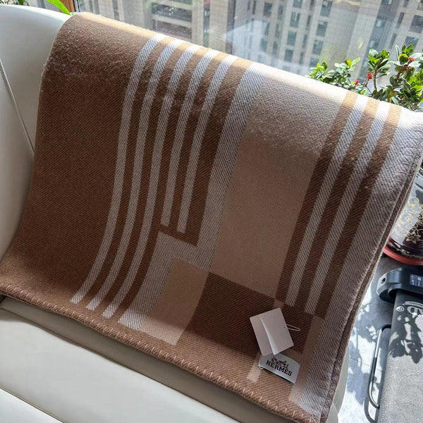 HM Ithaque Blanket 175cm Brown Beige Jacquard Wool and Cashmere