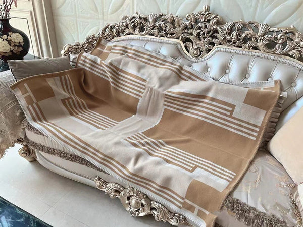 HM Ithaque Blanket 175cm Brown Beige Jacquard Wool and Cashmere