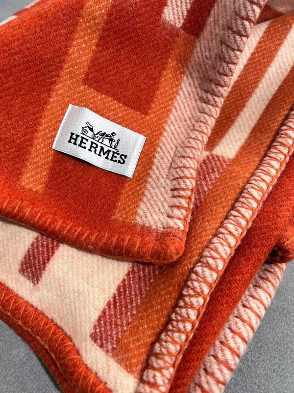 HM Ithaque Blanket 175cm Red Orange Jacquard Wool and Cashmere