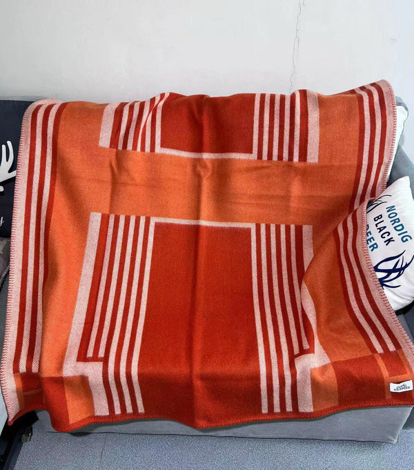 HM Ithaque Blanket 175cm Red Orange Jacquard Wool and Cashmere