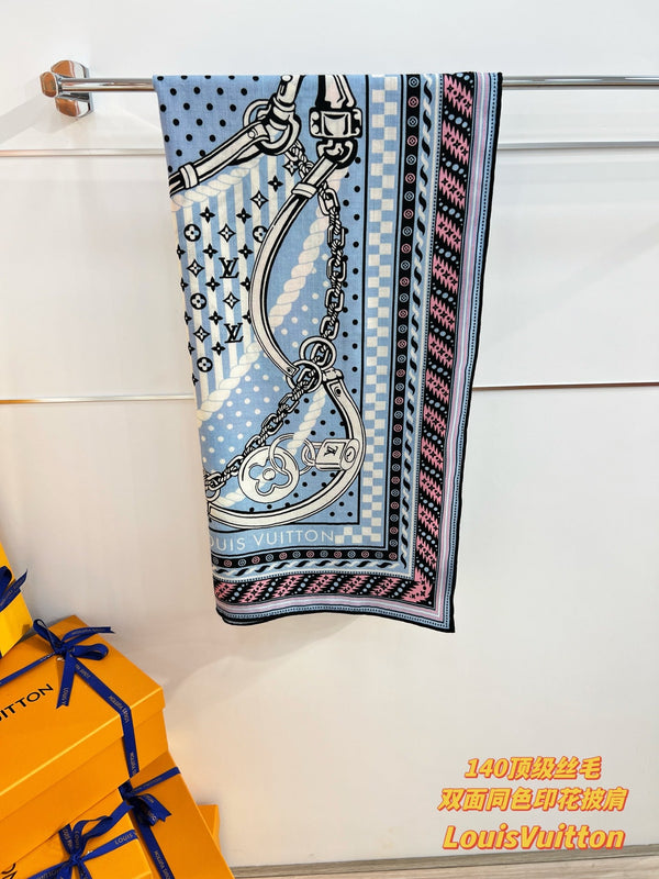 LV OCEAN BANDANA 140 Double-Sided Silk and Wool Scarf 839795