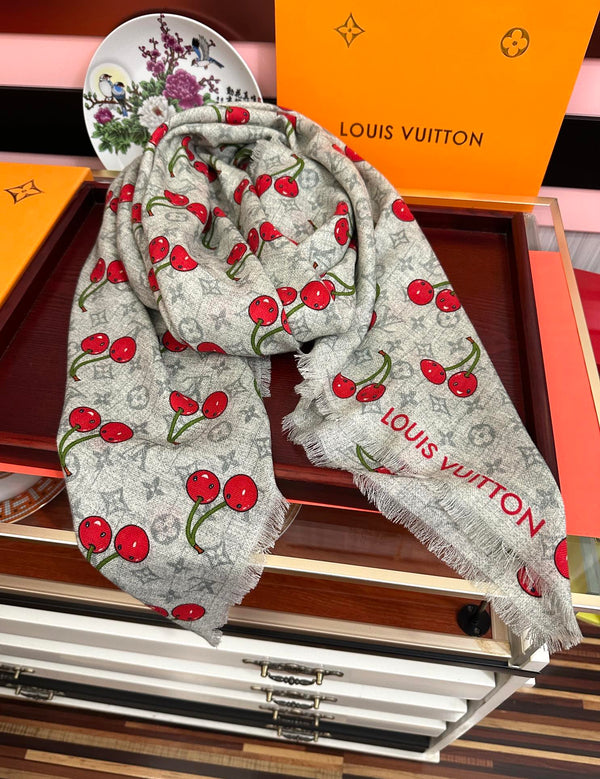 LV Double-Sided Cherry Square Scarf 140cm Gray Silk Cashmere 839717