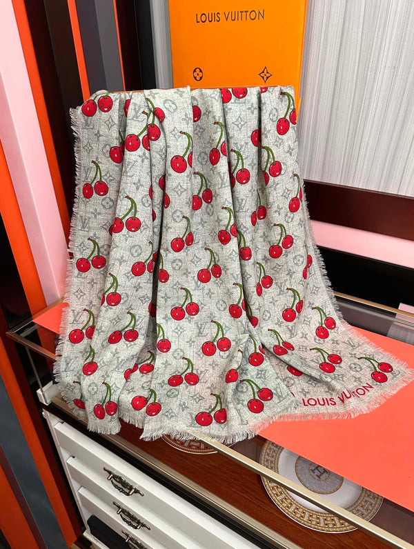 LV Double-Sided Cherry Square Scarf 140cm Gray Silk Cashmere 839717