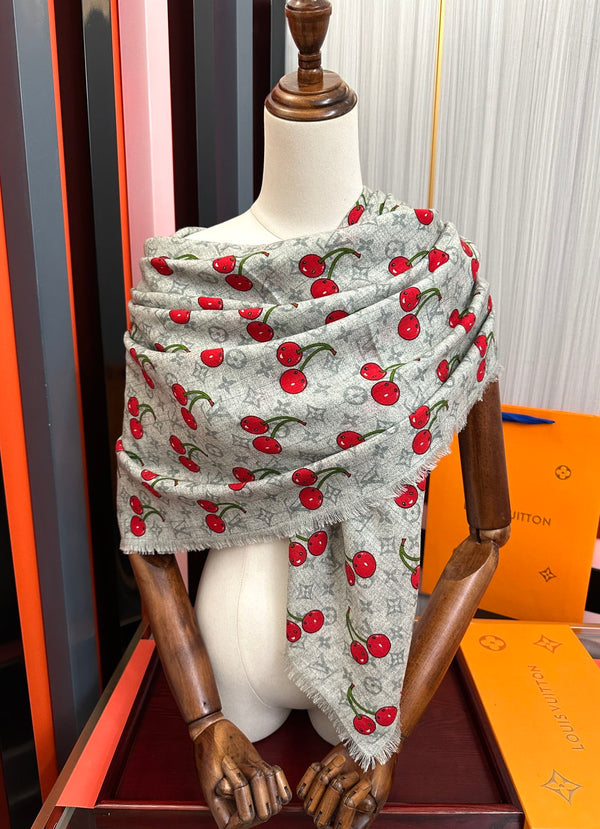 LV Double-Sided Cherry Square Scarf 140cm Gray Silk Cashmere 839717