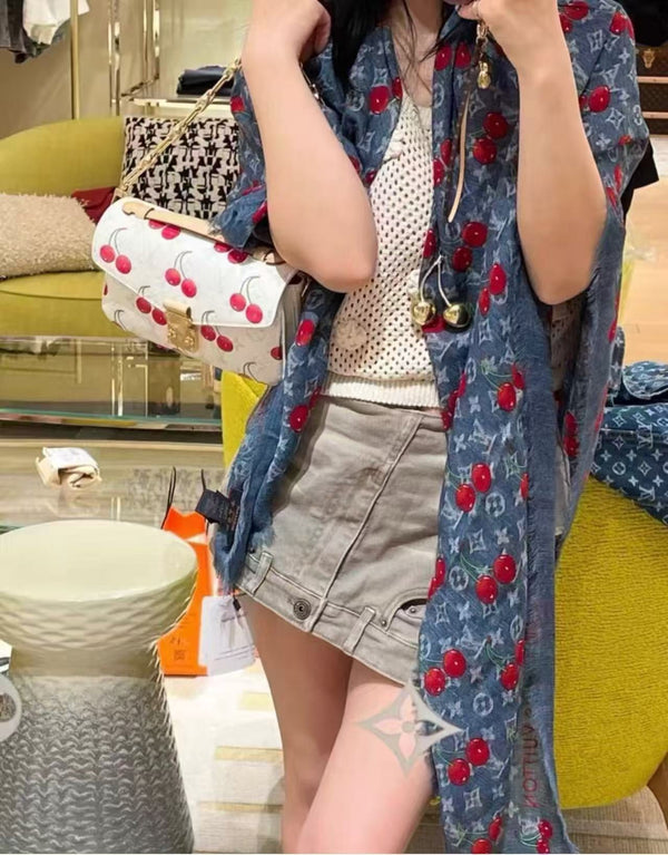 LV Double-Sided Cherry Square Scarf 140cm Blue Silk Cashmere 839716