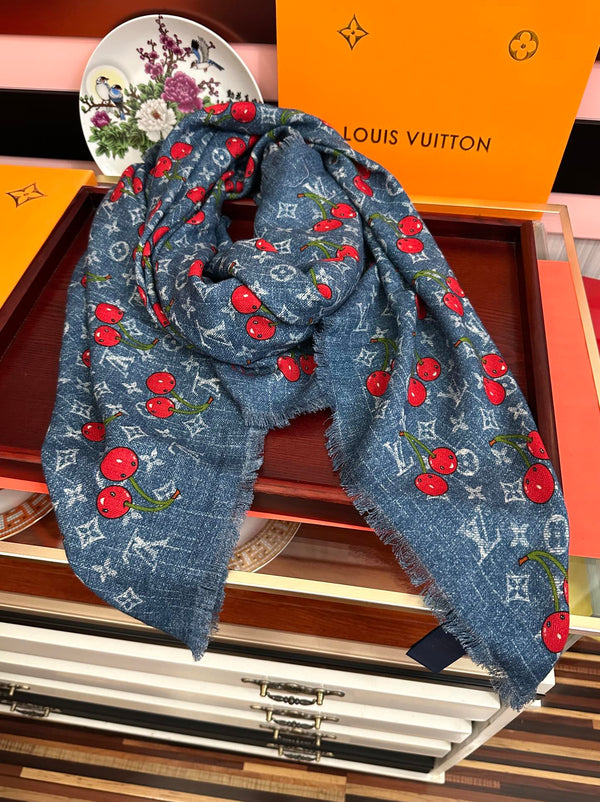 LV Double-Sided Cherry Square Scarf 140cm Blue Silk Cashmere 839716
