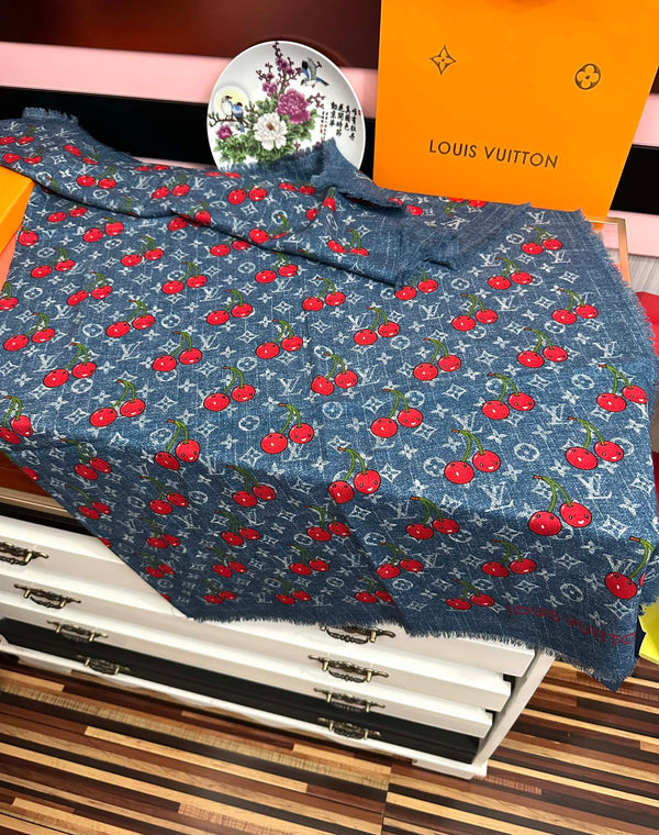 LV Double-Sided Cherry Square Scarf 140cm Blue Silk Cashmere 839716