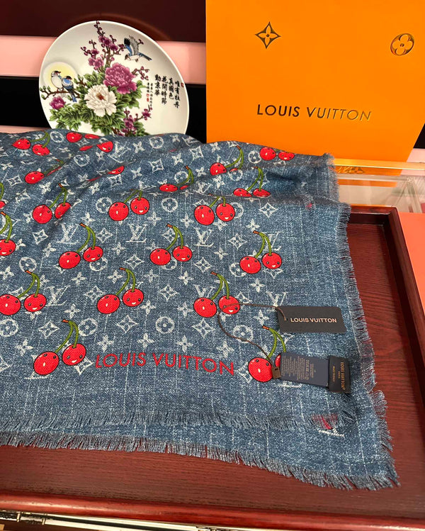 LV Double-Sided Cherry Square Scarf 140cm Blue Silk Cashmere 839716