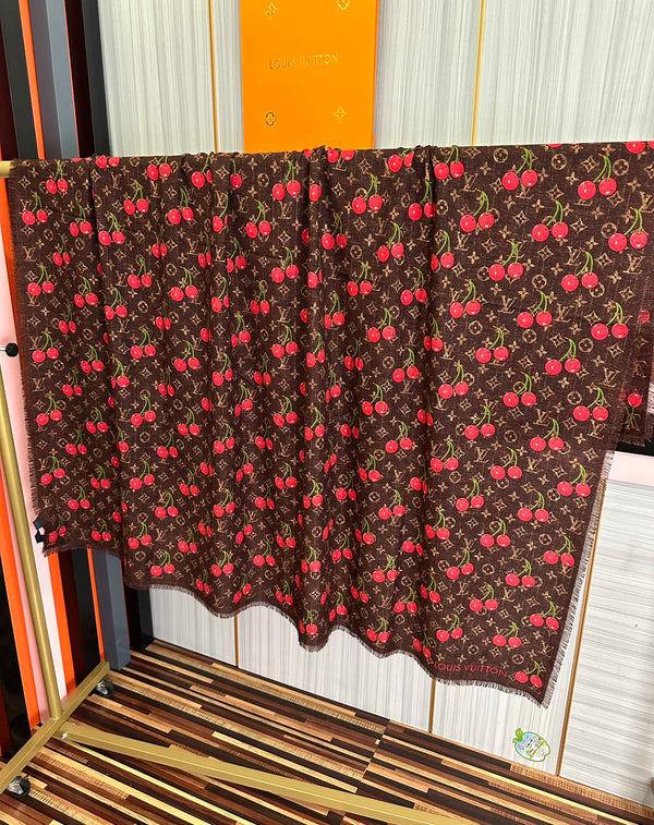 LV Double-Sided Cherry Square Scarf 140cm Brown Silk Cashmere 839715