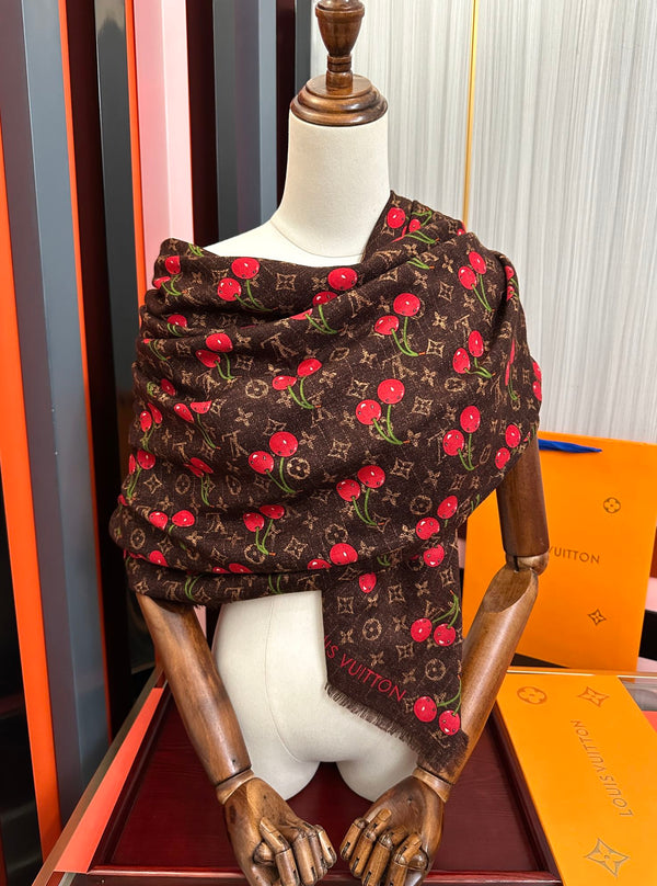 LV Double-Sided Cherry Square Scarf 140cm Brown Silk Cashmere 839715