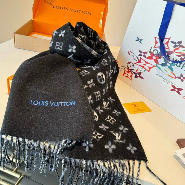 LV Double-Sided Plaid Scarf Black Wool Cashmere 839567