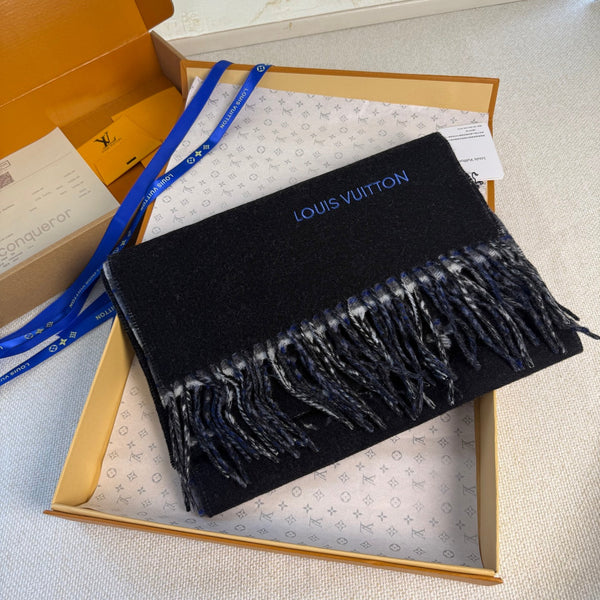 LV Double-Sided Gradient Plaid Scarf Black Wool Cashmere 839548