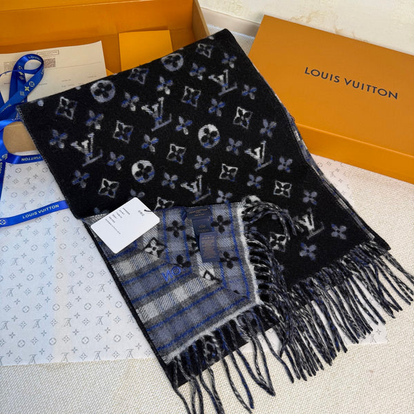 LV Double-Sided Gradient Plaid Scarf Black Wool Cashmere 839548