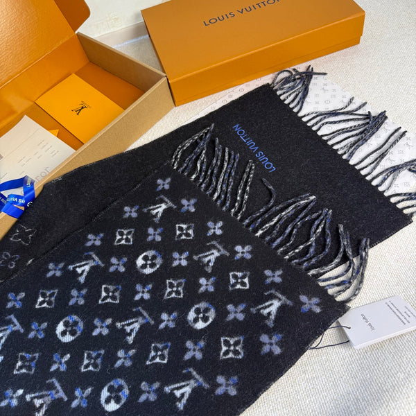 LV Double-Sided Gradient Plaid Scarf Black Wool Cashmere 839548