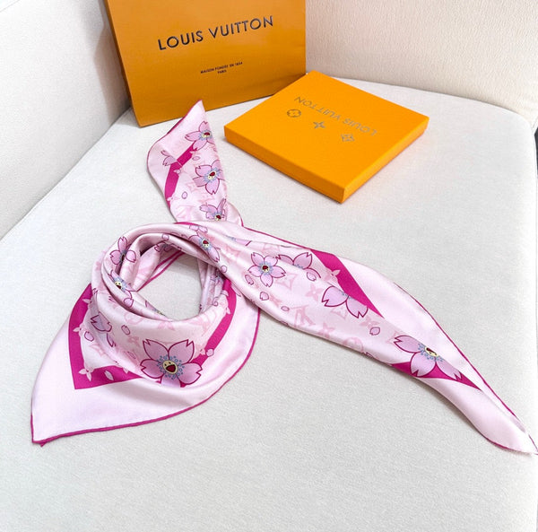 LV x TM MONOGRAM CHERRY BLOSSOM DOUBLE-SIDED PINK SILK SCARF 839488