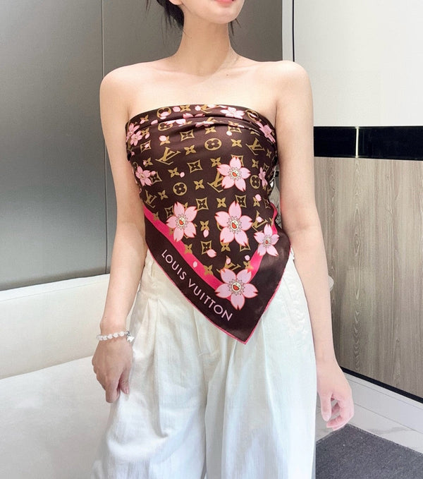 LV x TM MONOGRAM CHERRY BLOSSOM DOUBLE-SIDED BLACK SILK SCARF 839487