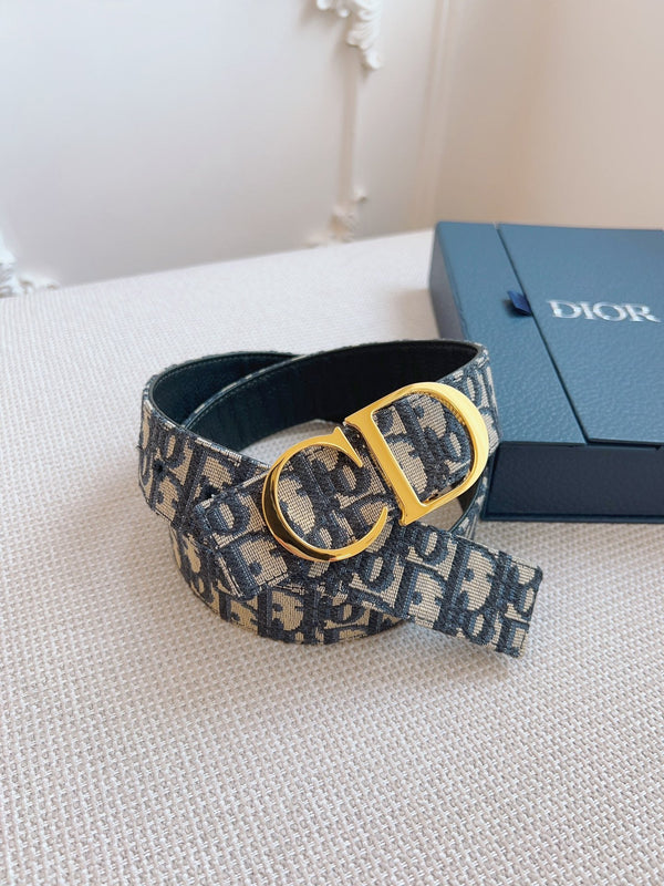 CD Belt 35mm Black Beige Canvas Black Calfskin Gold Buckle
