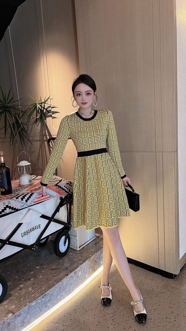 Fendi FF Logo Long Sleeve Jacquard Round Collar Yellow Fabric Dress